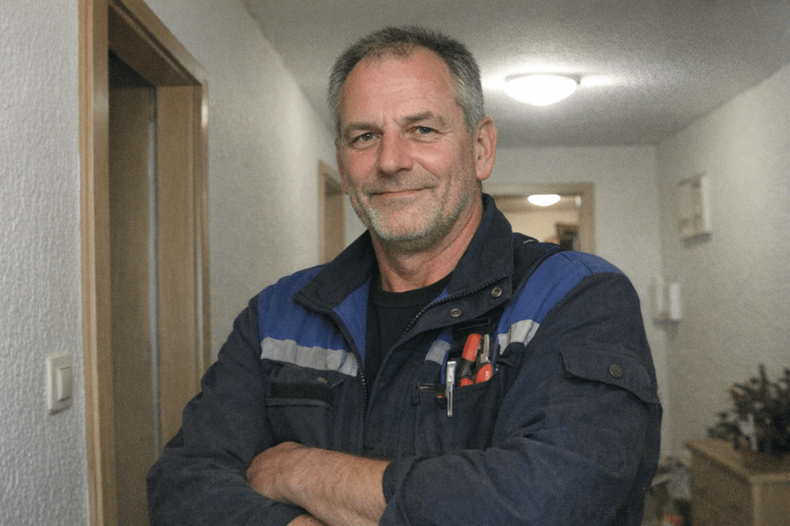 Fachmonteur im Arbeitshemd neben einem Firmenfahrzeug