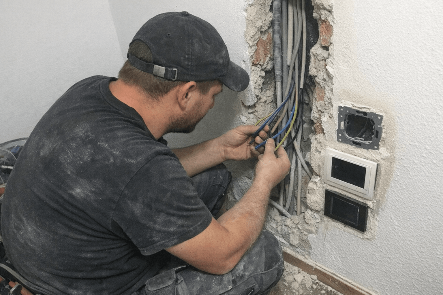 Offene Wandstelle mit neuen Leitungen und Messgerät während einer Altbausanierung