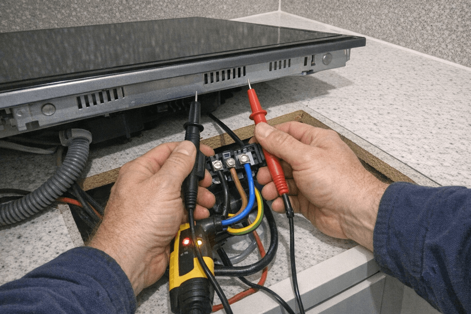 Techniker verbindet Anschlussleitungen hinter einem eingebauten Kochfeld in einer modernen Küche