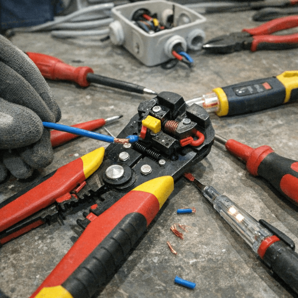 Elektriker prüft mit einem Messgerät eine Abzweigdose an der Wand