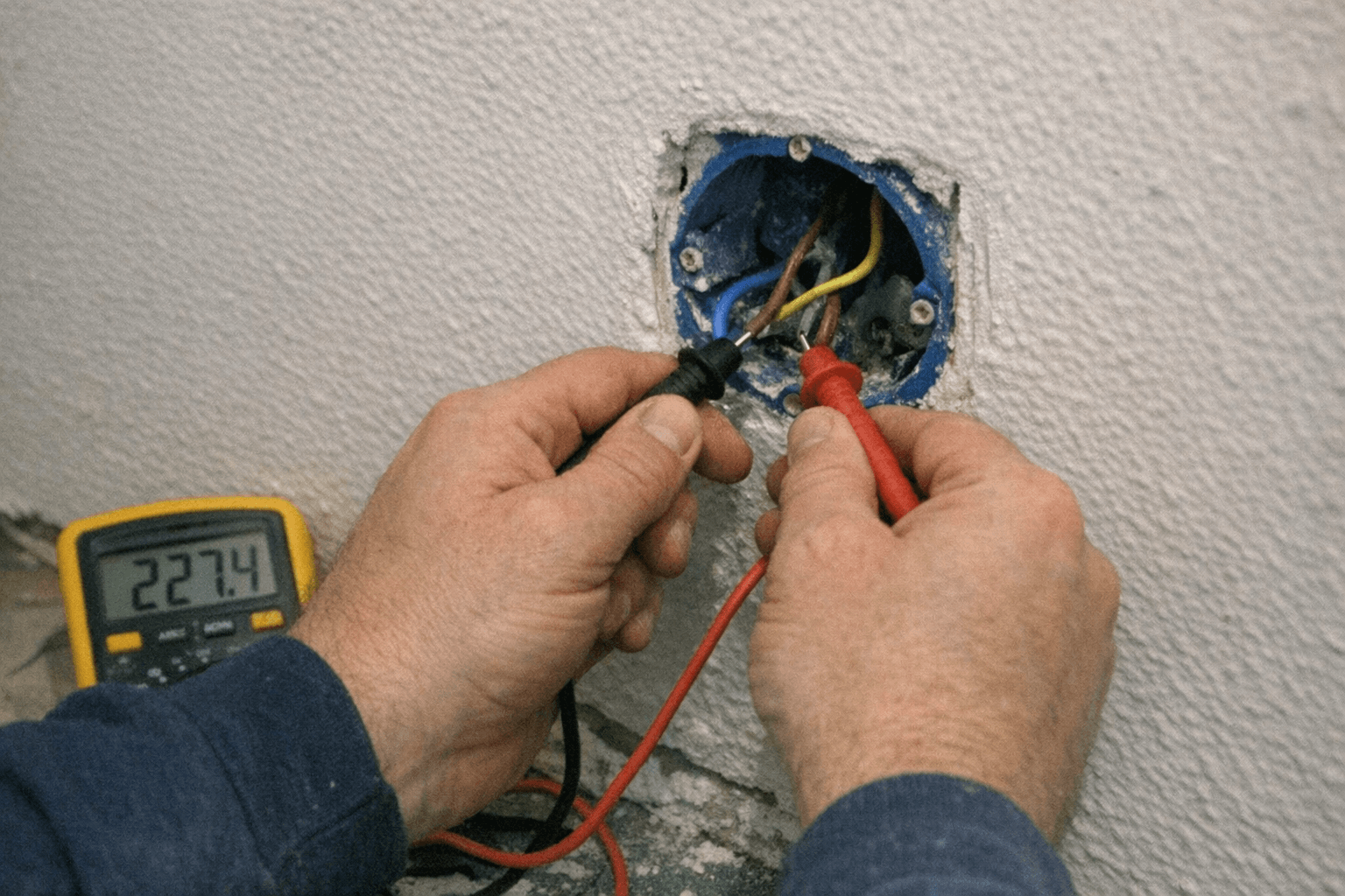 Elektriker misst an einer geöffneten Schalterdose die Spannung mit einem zweipoligen Prüfgerät